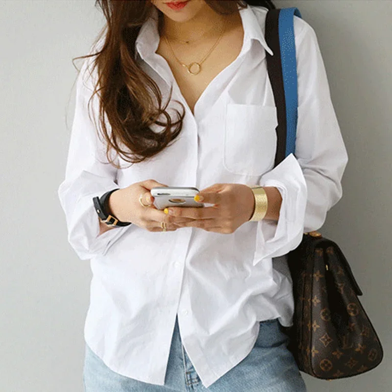 Блузки Рубашки Топы с длинным рукавом белая блузка женская мода 2024 Офисная