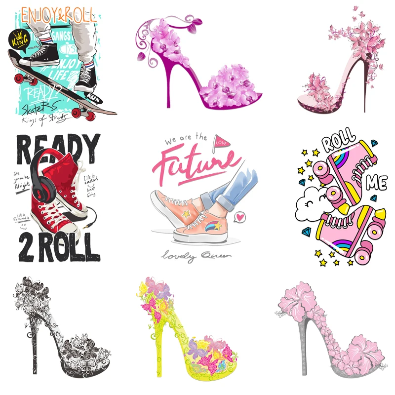 

Flower High-heeled Shoes Patch Iron-on Transfers for Clothing Thermoadhesive Patches Stickers on Clothes Rock Skate Appliques