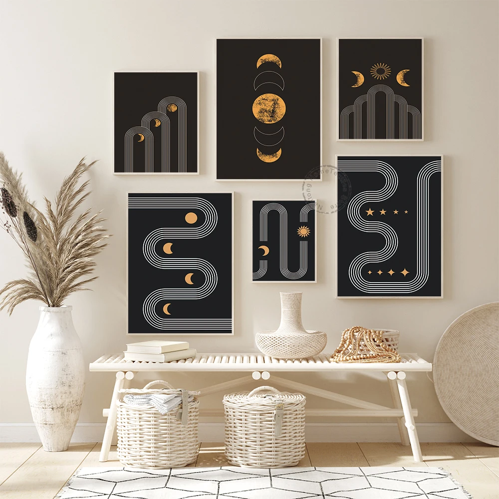 

Boho Abstract Geometric Sun and Moon Canvas Painting Wall Art Pictures Posters Print Interior Living Room Home Decor