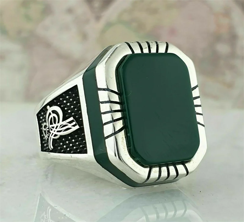 

Новинка 2022, мужское серебряное кольцо с зеленым агатом, модное темпераментное ретро-кольцо в европейском и американском стиле для вечеринк...