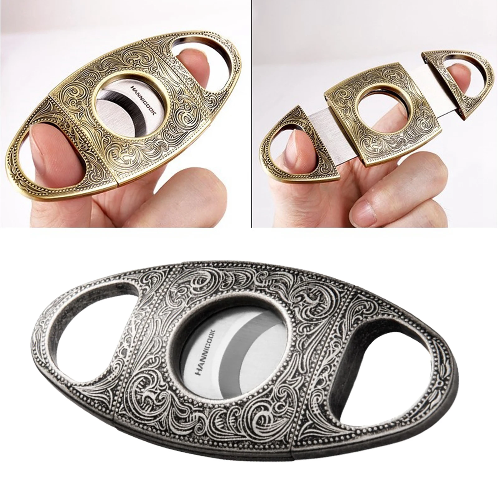 

Stainless Steel Engraved Cigar Cutter Double Blade Scissors Slicer