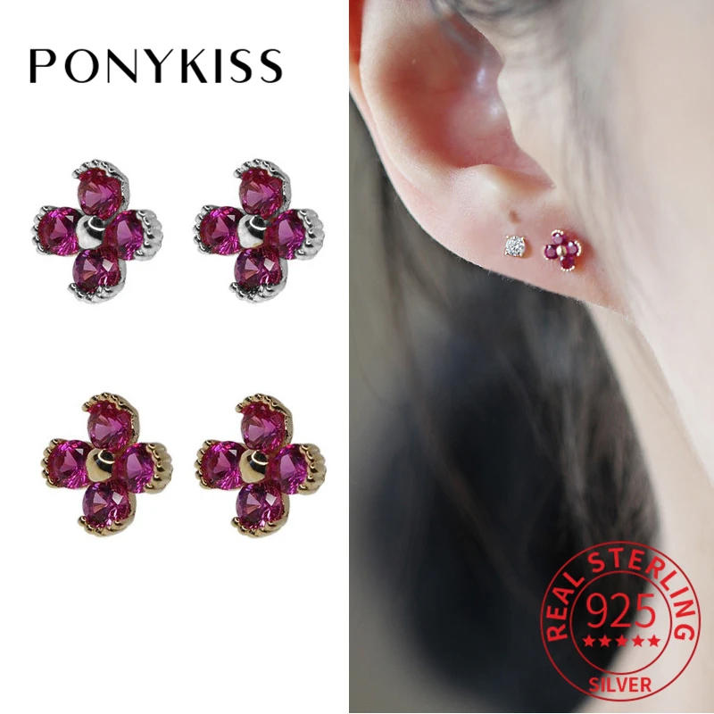 

PONYKISS Cute 925 Sterling Silver Simple Small Four Petal Flower Zircon 14K Gold Stud Earring for Women Prevent Allergy Jewelry