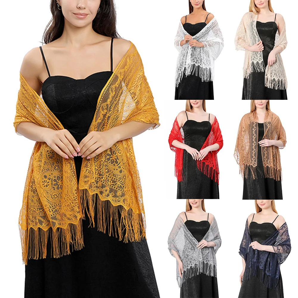 

Women Lace Tassel Scarves Wedding Evening Dress Sunscreen Shawls Embroidery Ethnic Scarf Elegant Mesh Paisley Flower Shawl