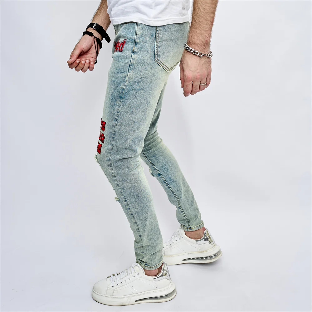 Джинсы-Карандаш мужские рваные с вышивкой в винтажном стиле