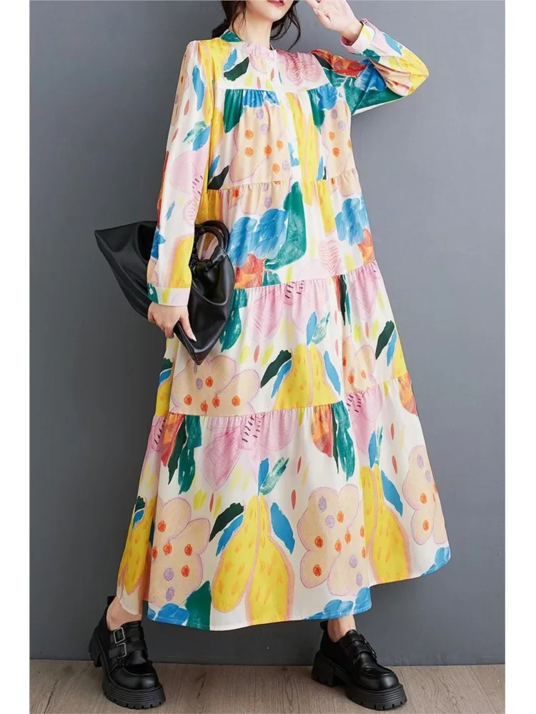 Женское плиссированное платье-трапеция с длинным рукавом свободного покроя