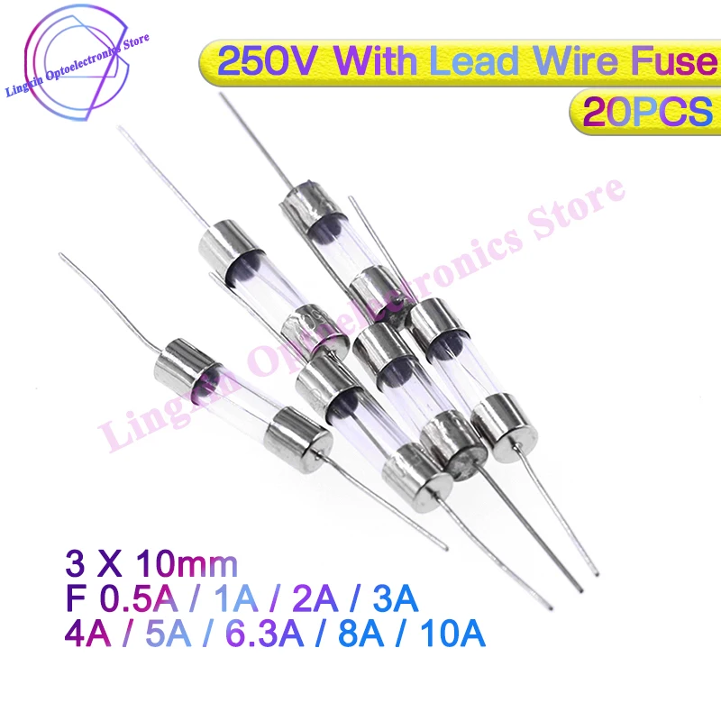 20PCS 3*10mm Axial Glass Fuse Fast Blow 250V With Lead Wire 3X10 F 0.5A/1A/2A/3A/4A/5A/6.3A/8A/10A The fuse tube 3.6*10mm（3cm）