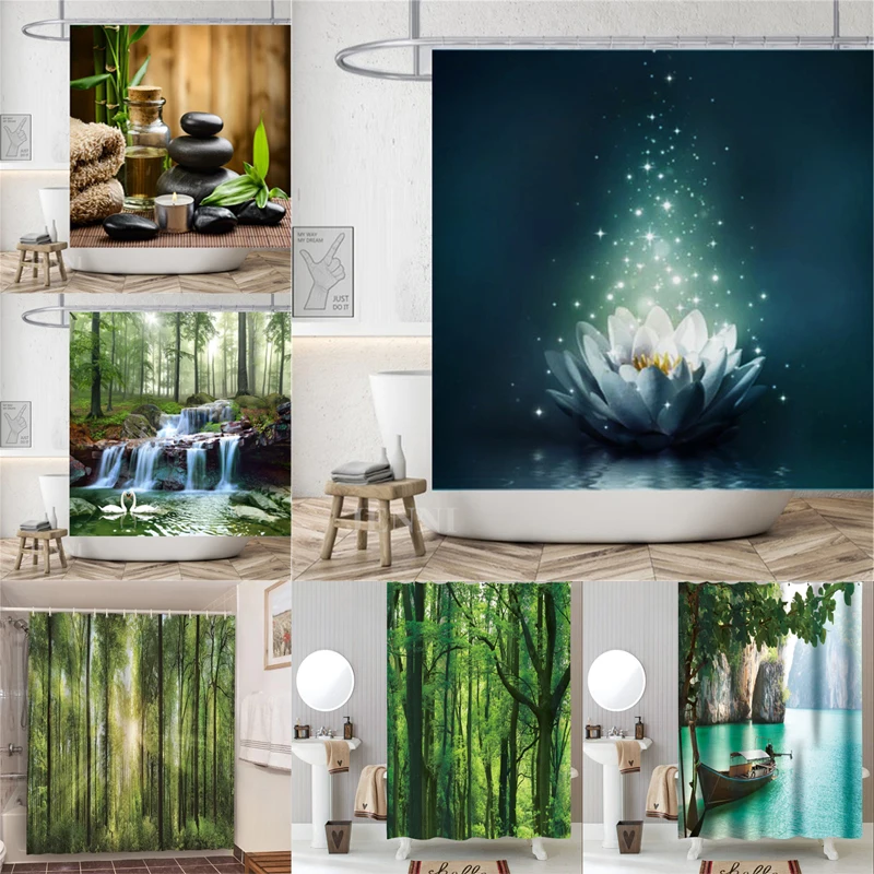 

Buddha statue shower curtain waterproof polyester shower curtain rural scenery stream stone lotus print shower curtain with hook