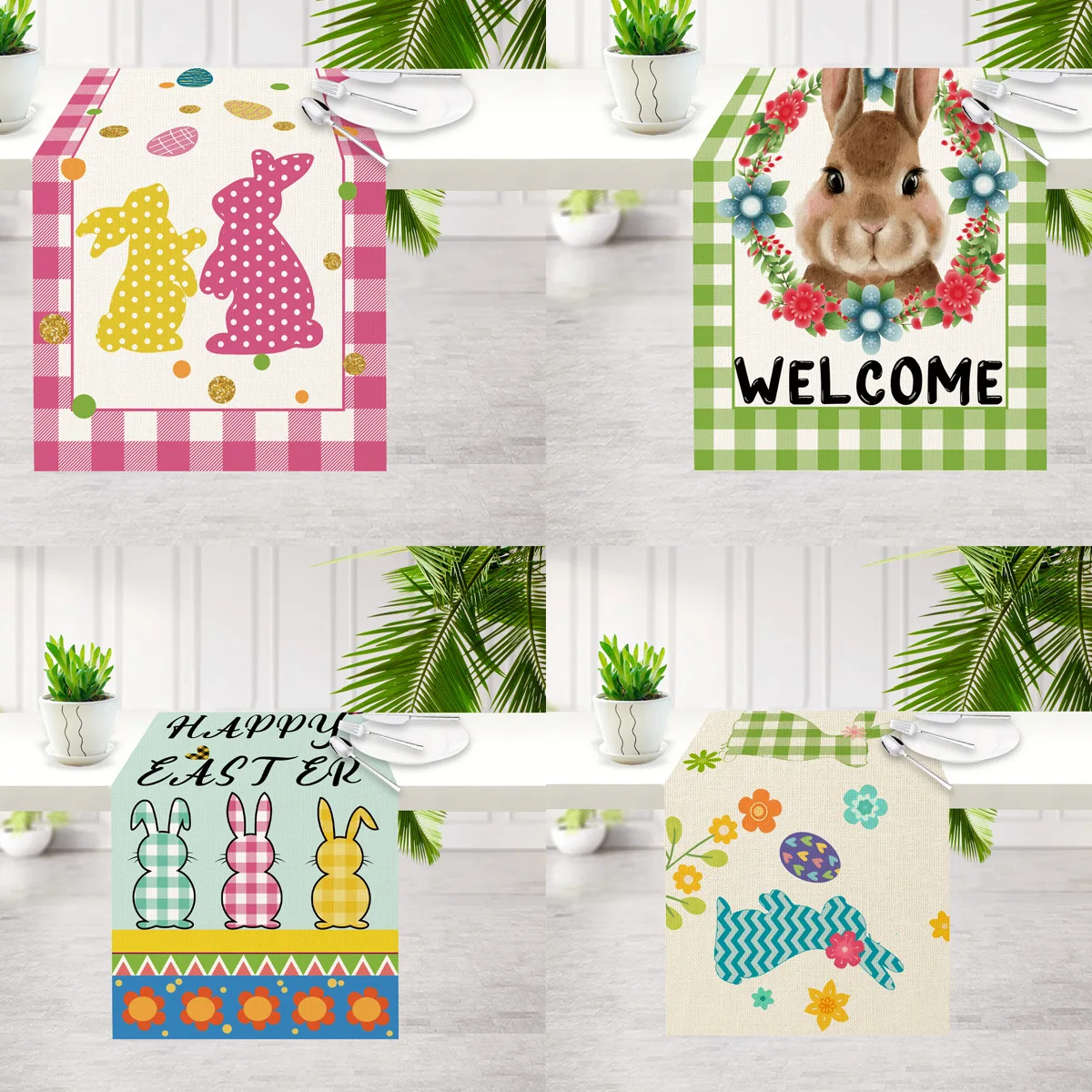 

1pcs 180*30cm Easter Bunny Tablecloth Polycotton Table Runner for Dining Table Kitchen Rabbits Tablecover Easter Decoration 2023