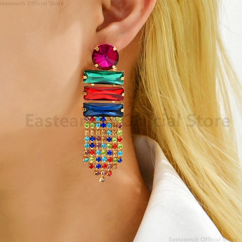 

Sparkly Colorful Crystal Glass Tassel Chain Long Hanging Earrings For Women 2023 Trendy Boho Luxury Vintage Party Jewelry Gift