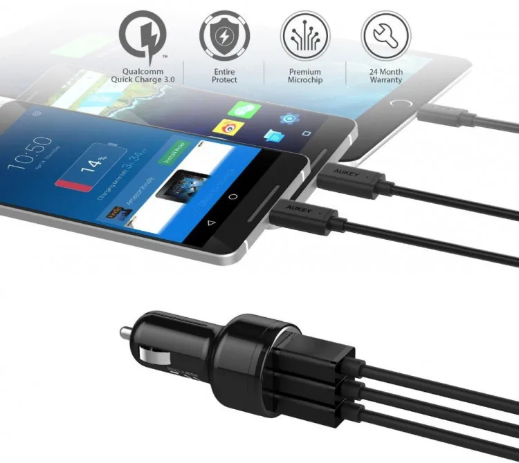 Автомобильное зарядное устройство Aukey 3-Port Car Charger with Quick Charge 3.0 42 Вт цвет Черный