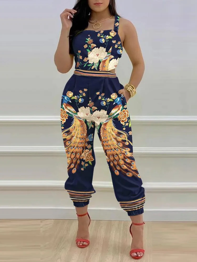 Women's Off Shoulder Sleeveless Jumpsuit 2023 Summer Women Casual Print Rompers Streetwear Long Playsuits Overalls With Pocket