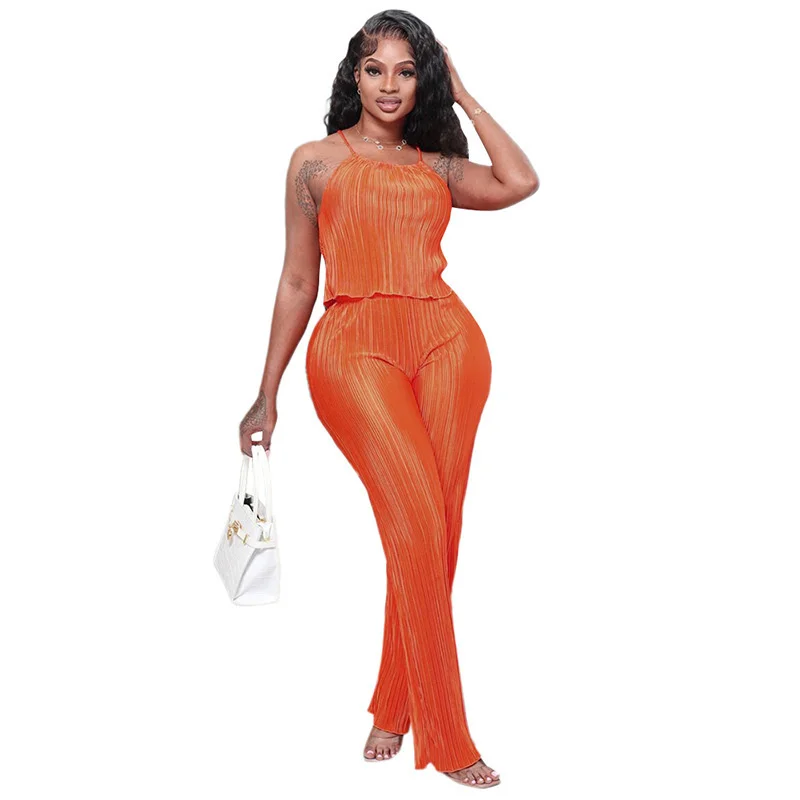 

Summer Fashion Pleated Dress Women's Set Halter Neck Tank Top And Wide Leg Pants Set 2023 Chic Two 2 Piece Set Outfits Tracksuit