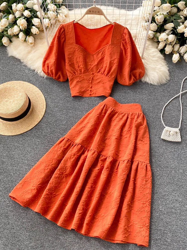 Purple/Orange/White Two Piece Set Women Vintage Square Collar Short Sleeve Tops + High Waist A-Line Skirt Female Suits 2021 New