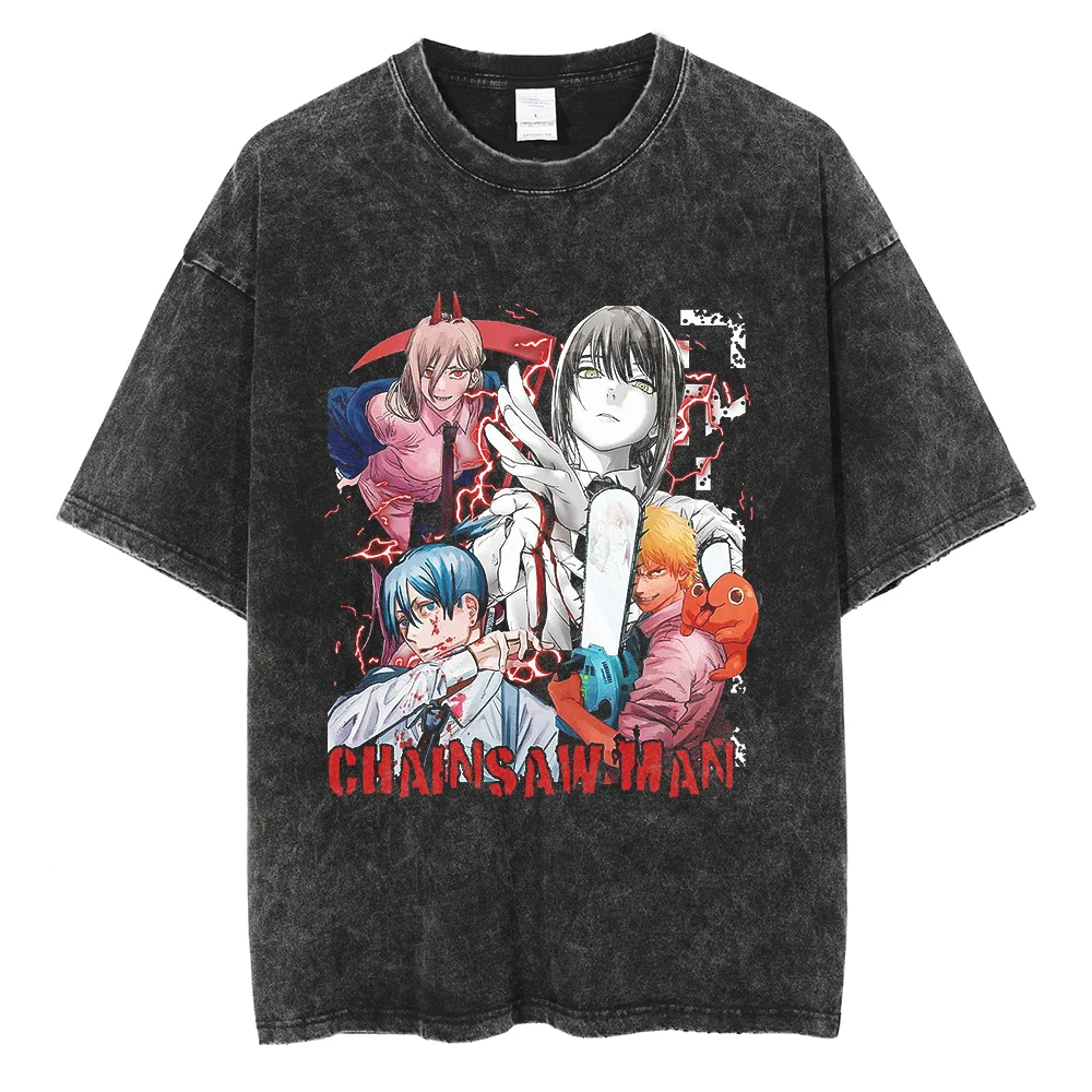 

Chainsaw Man T Shirt Men Oversized Anime Vintage Washed Tshirt Summer Cotton Tees Hip Hop High Street Japan Manga Printed Tops