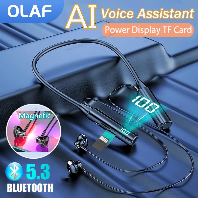 

OLAF Neckband Headphones Bluetooth V5.3 Earphone Wireless Earbuds With Power Display HIFI Voice Assistant Headset Support TF Mic