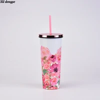 fashion simple style thermos cup printing flower water cup large capacity straw cup mothers day gifts