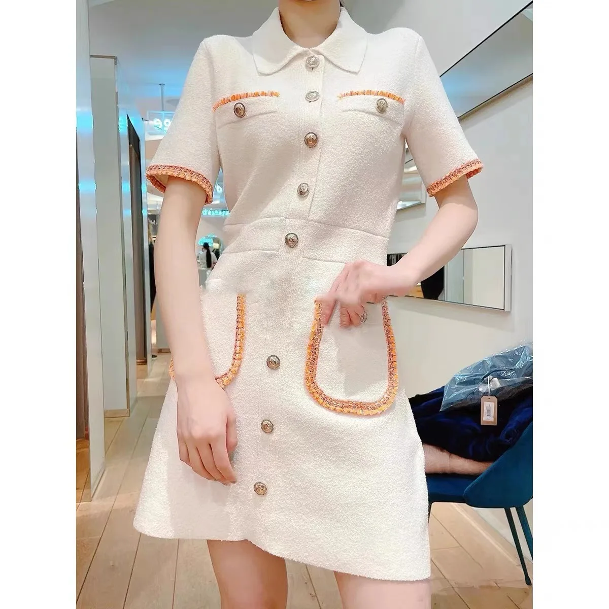 

Women Short Sleeve Contrast Color Single Breasted Slim Waist Knit Mini Dress