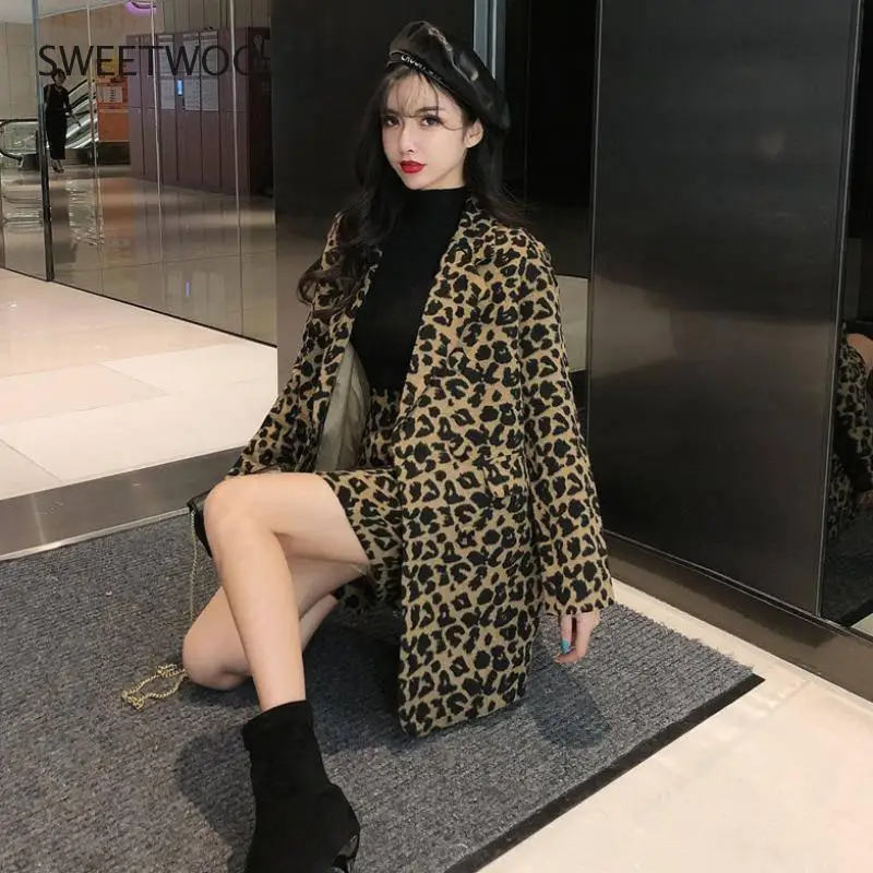 2 Pcs Leopard Print Color Faux Fur Coat Women Long Thick Warm Jackets Fluffy Star Style Overcoats Winter Street Outerwear 2020
