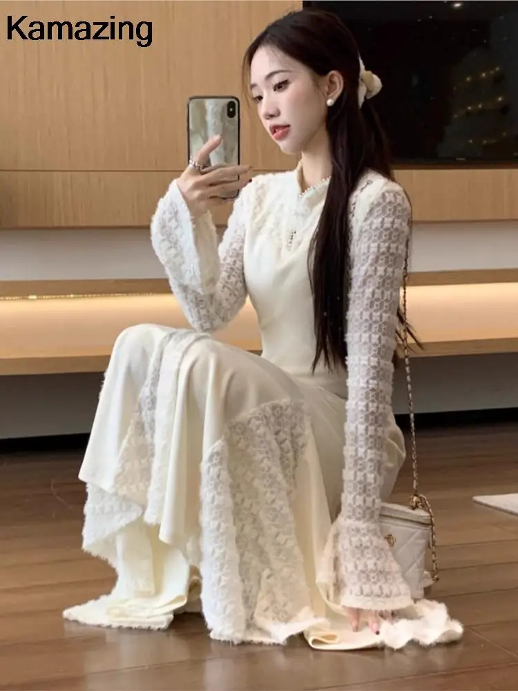 Элегантные кружевные вязаные платья в стиле пэчворк для женщин с расклешенными