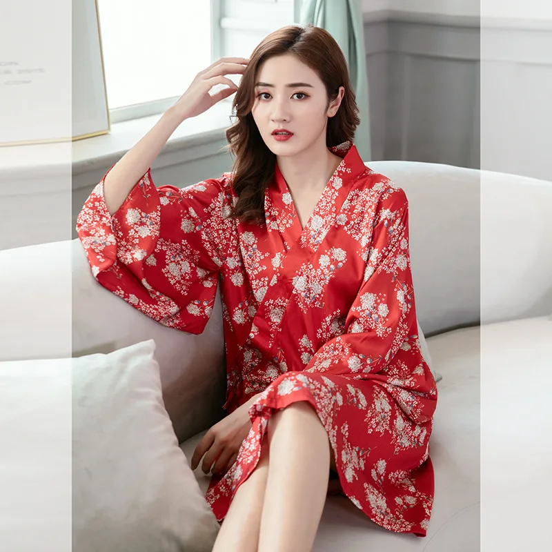 

Ladies Sexy Kimono Ice Silk Print Floral Bathrobe Nightgown Loose Casual Home Wear Bridal Wedding Morning Gown Robe Nightdress