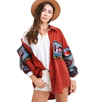 womens corduroy jacket button shirt patchwork print top long sleeve coat free shipping retro cheap wholesale autumn streetwear