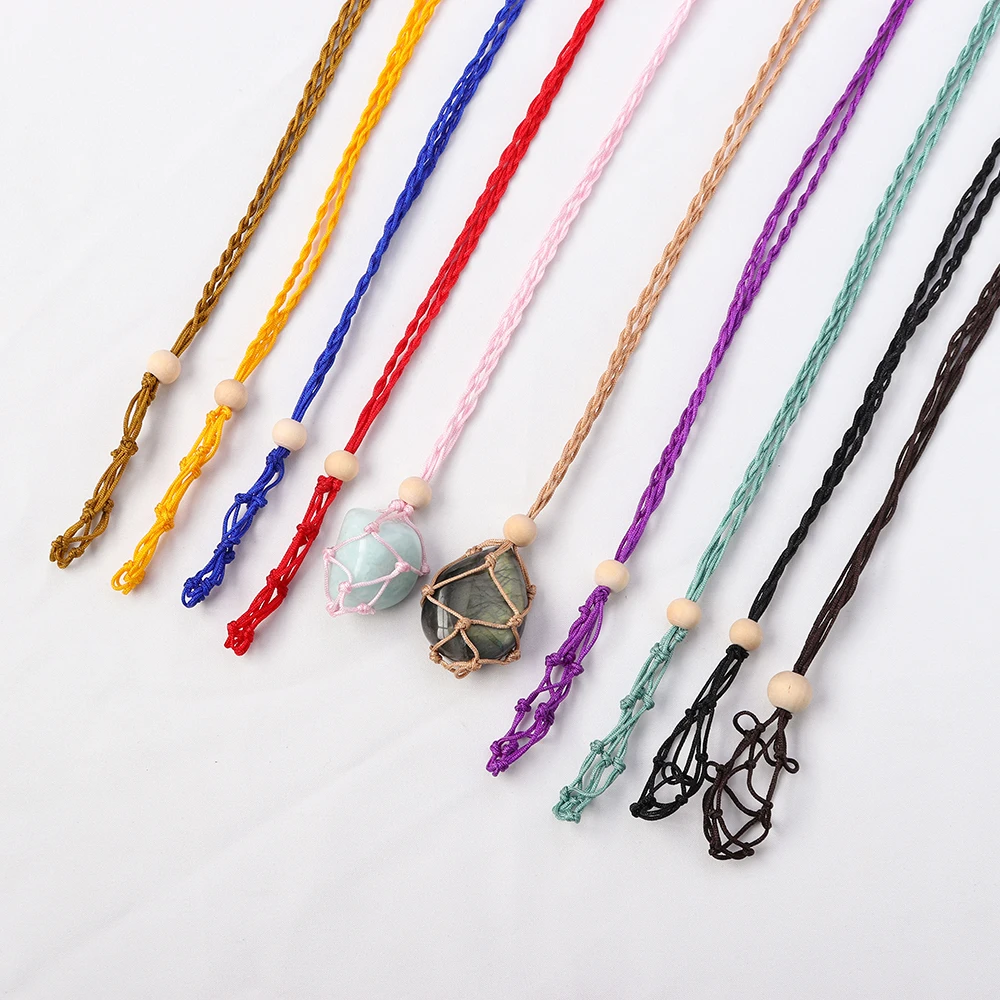 1pc Natural Crystal Wood Bead Adjustable Necklace Cord Empty Stone Holder Wax Rope DIY Healing Gem Net Bag Pendant - купить по