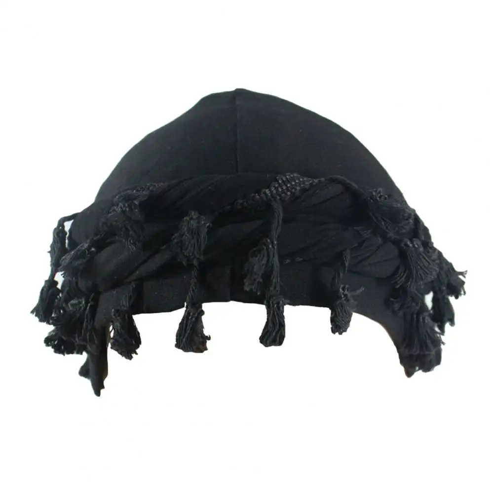 

Men Bandana Hat Hop Style Black Cotton Turban Hats with Burr Trim Twisted Tail Fringe for Men Unique Hair Accessories Twisted