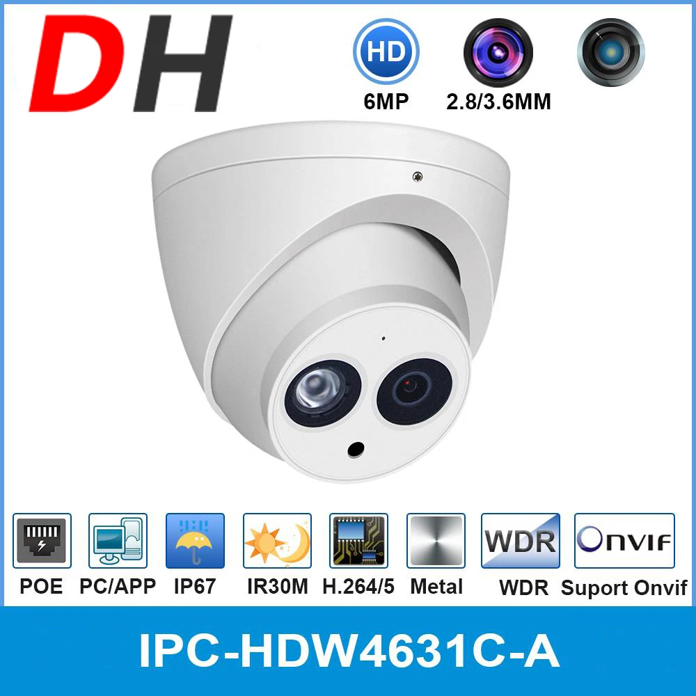 Дешево Сетевая купольная мини-IP-камера Dahua IPC-HDW4631C-A 6 МП HD POE металлический чехол со встроенным микрофоном CCTV 30 м IR Обновление от IPC-HDW4433C-A
