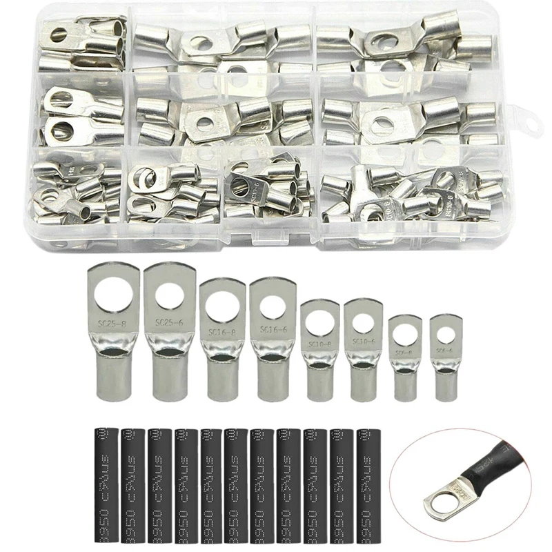 

240Pcs Car Copper Wire Connector Copper Nose Terminal Block Car Terminal Wire Crimp Connector With Heat Shrink Tube Kit
