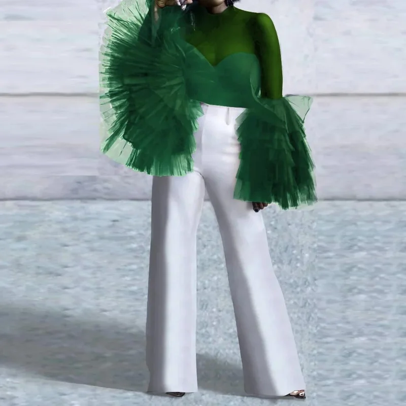 

KEXU элегантная женская сетчатая Прозрачная Футболка с О-образным вырезом каскадными оборками лепестками и длинным рукавом 2023 модная уличная Весенняя футболка Топы