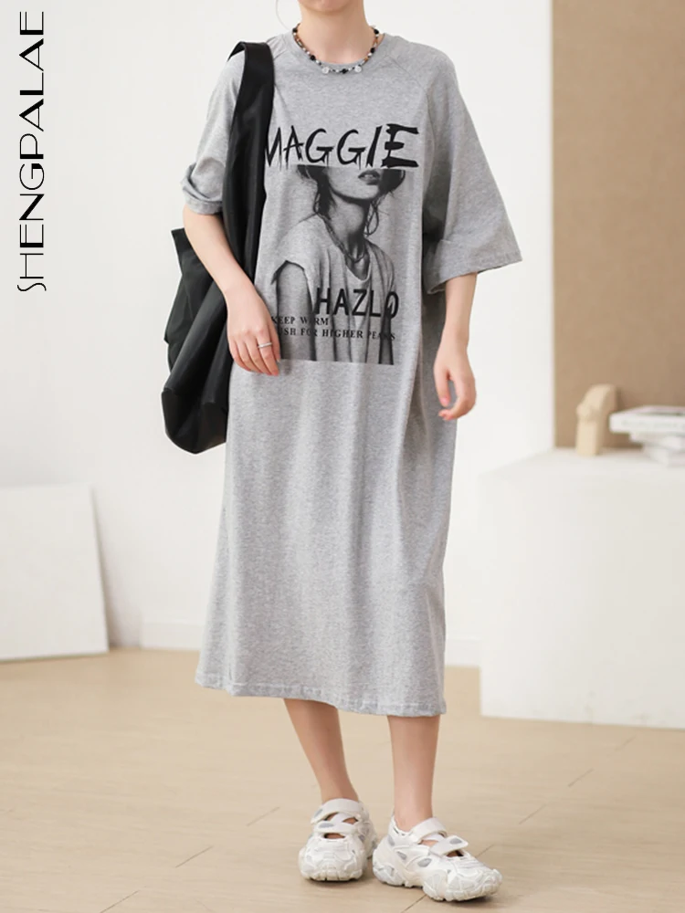 

SHENGPALAE модное женское платье-футболка с буквенным принтом, с круглым вырезом, с рукавом до локтя, свободное летнее платье, новинка 2023, 5R3747