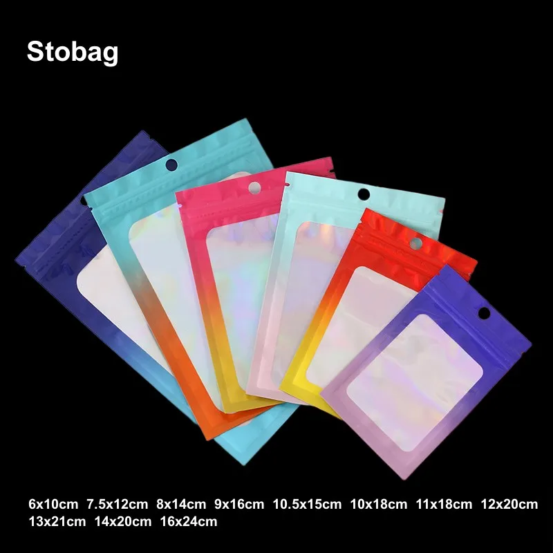 

StoBag 100pcs Colorful Ziplock Bags Hanging Hole Transparent Packaging Pocket Small for Candy Accessories Storage Sealed Pouches