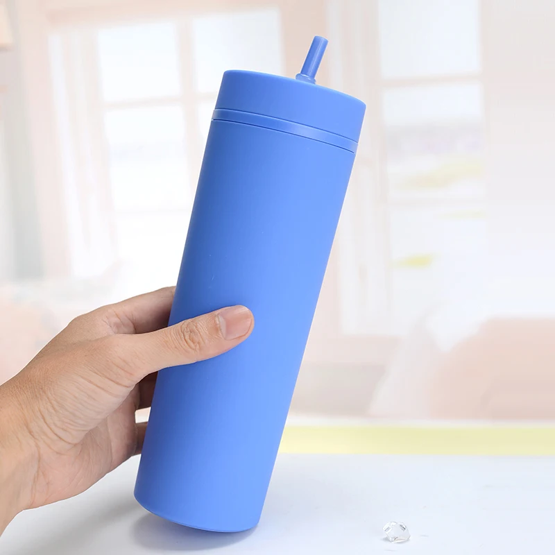Double Layer Plastic Straight Cup Dropshipping Double Wall Reusable 473Ml 480Ml 500Ml 16Oz Plastic Skinny Tumbler Double Wall