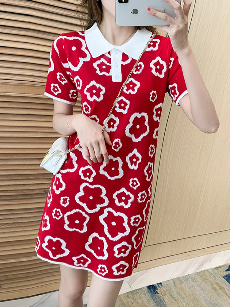

Ice Silk Knitted Summer Cool Women Dress Floral Polo Neck Short Sleeve Casual Straight Classic Office Ladies Mini Dress 2022 New