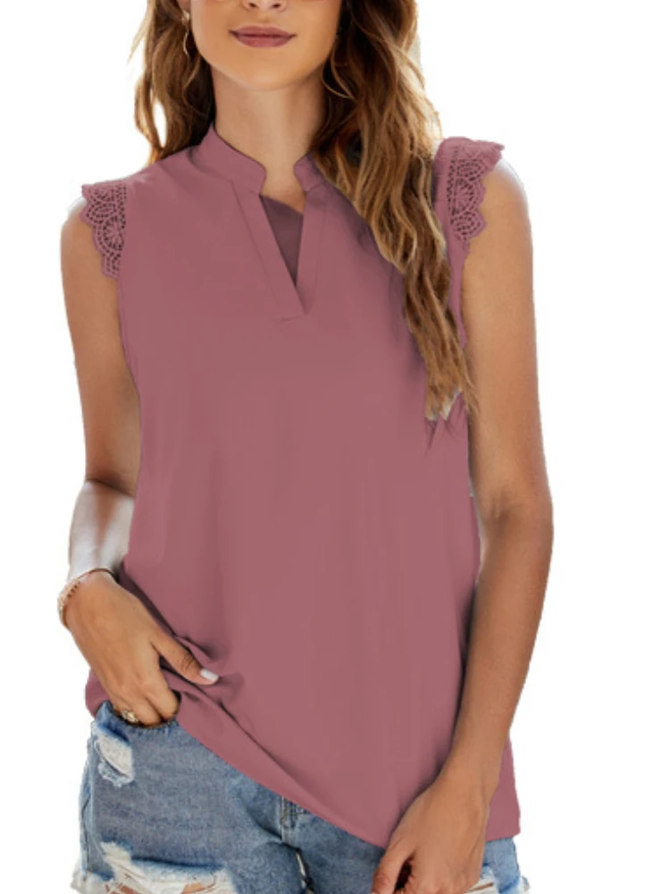 

Womens Sleeveless Lace Chiffon Solid V-Neck Shirt Tops for Summer