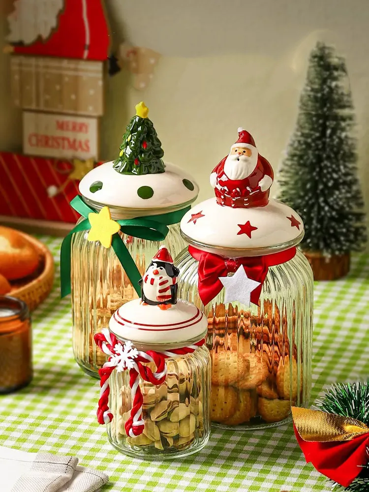 

Christmas Glass Sealed Jar Food Grade Candy Jars Snack Biscuit Coffee Storage Jar Kitchen Rangement Cuisine Organizer Home