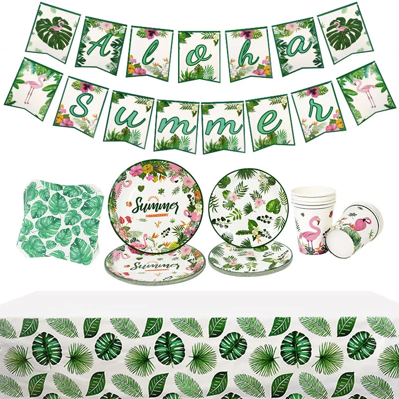 

Hawaiian Party Disposable Tableware Palm Leaves Flamingo Bunting Banner Paper Plate Cup Napkins Tropical Summer Party Decoration