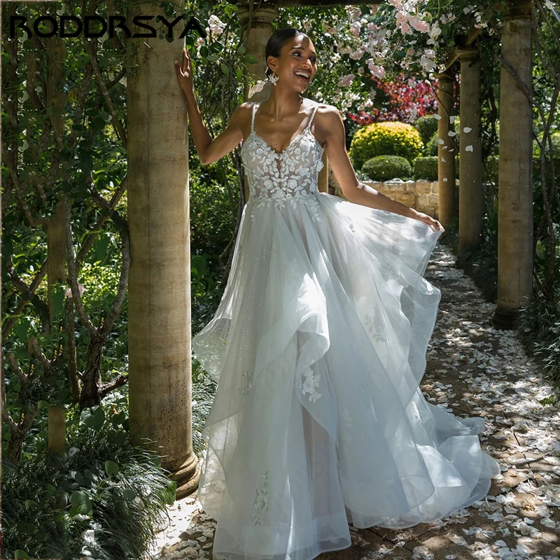 

RODDRSYA Vestido De Noiva A-line Ruffled Hem Wedding Dresses Civil Elegant Spaghetti Straps Backless Bride Party Romantic Tulle