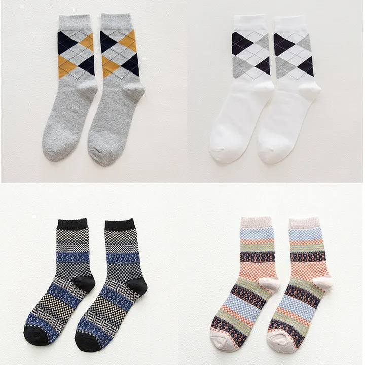 

1/2 Pairs Comfort Blended Quality Men's Warm Socks Breathable Soft Casual dotted line rhombus Prints Spring Autumn Male Sock