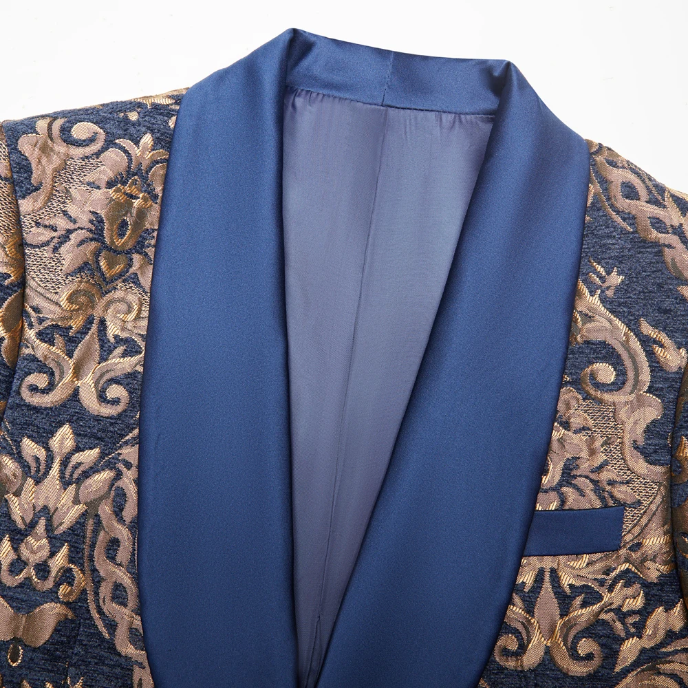 Мужские костюмы с золотым узором и темно-синими смокингами для жениха Шаль
