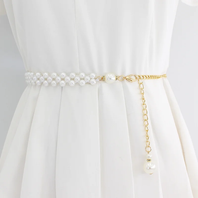 

Elegant Women Acrylic Pearl Belt Fashion Adjustable Metal Thin Chain Belt For Ladies Dress Elastic Skinny Waistband
