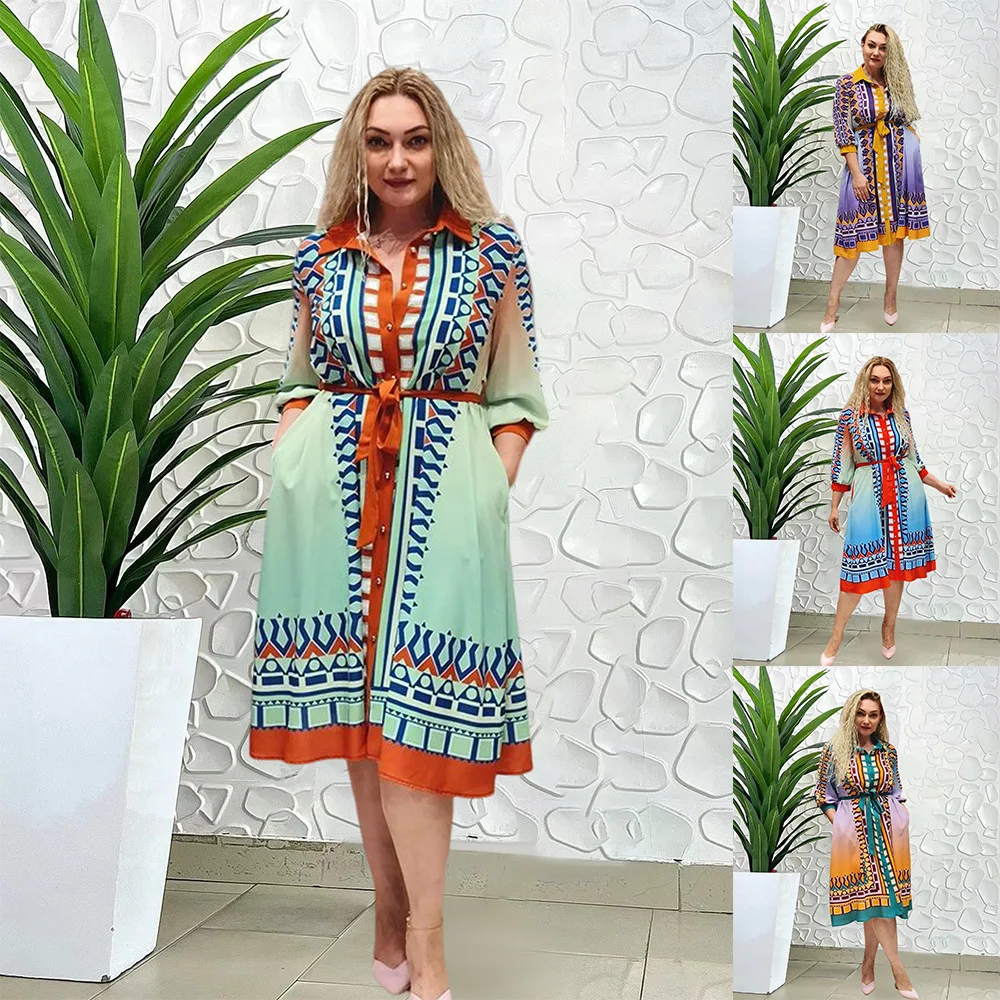 

New Autumn Elegant Style Women's Positioning Print Side Pocket Shirt Collar Large Size Dress