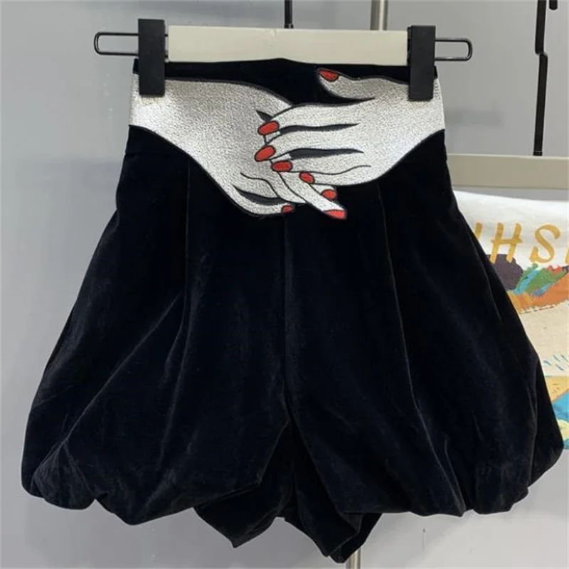 Дизайнерские женские вельветовые шаровары с высокой талией и вышивкой