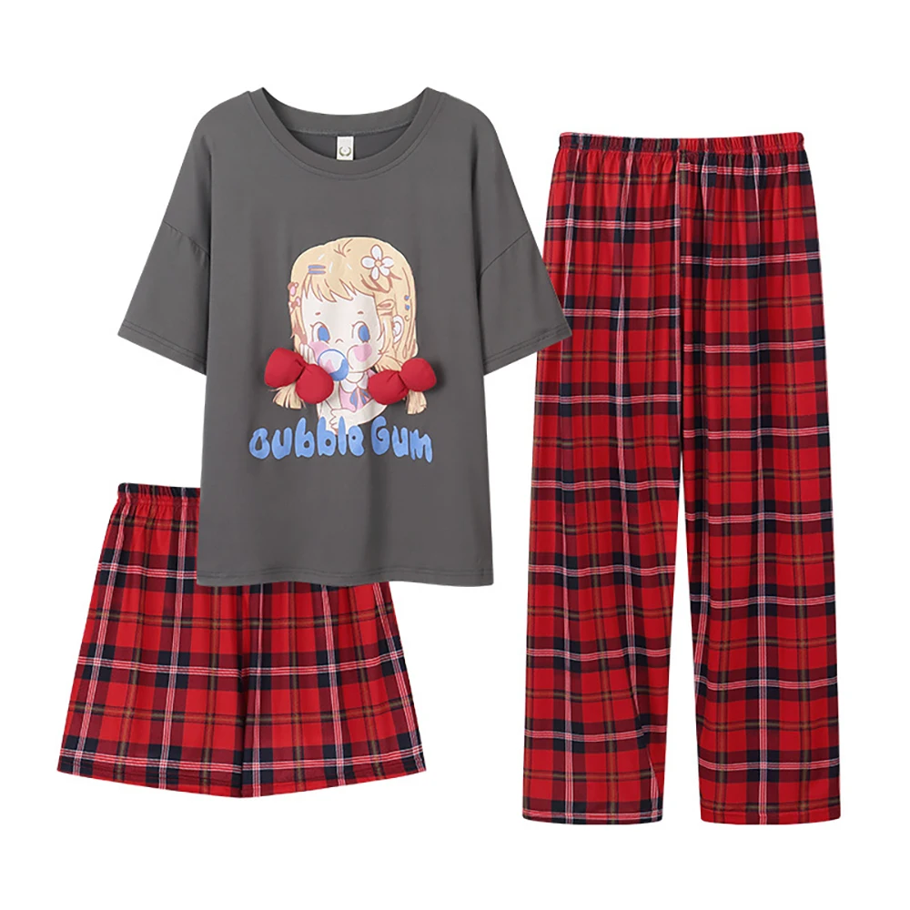 3pcs Sweet Cartoon Rabbit Casual Short Sleeve Elastic Plaid Shorts + Pajama Pants Sets Women's Summer Breathable Sleepwear Suit