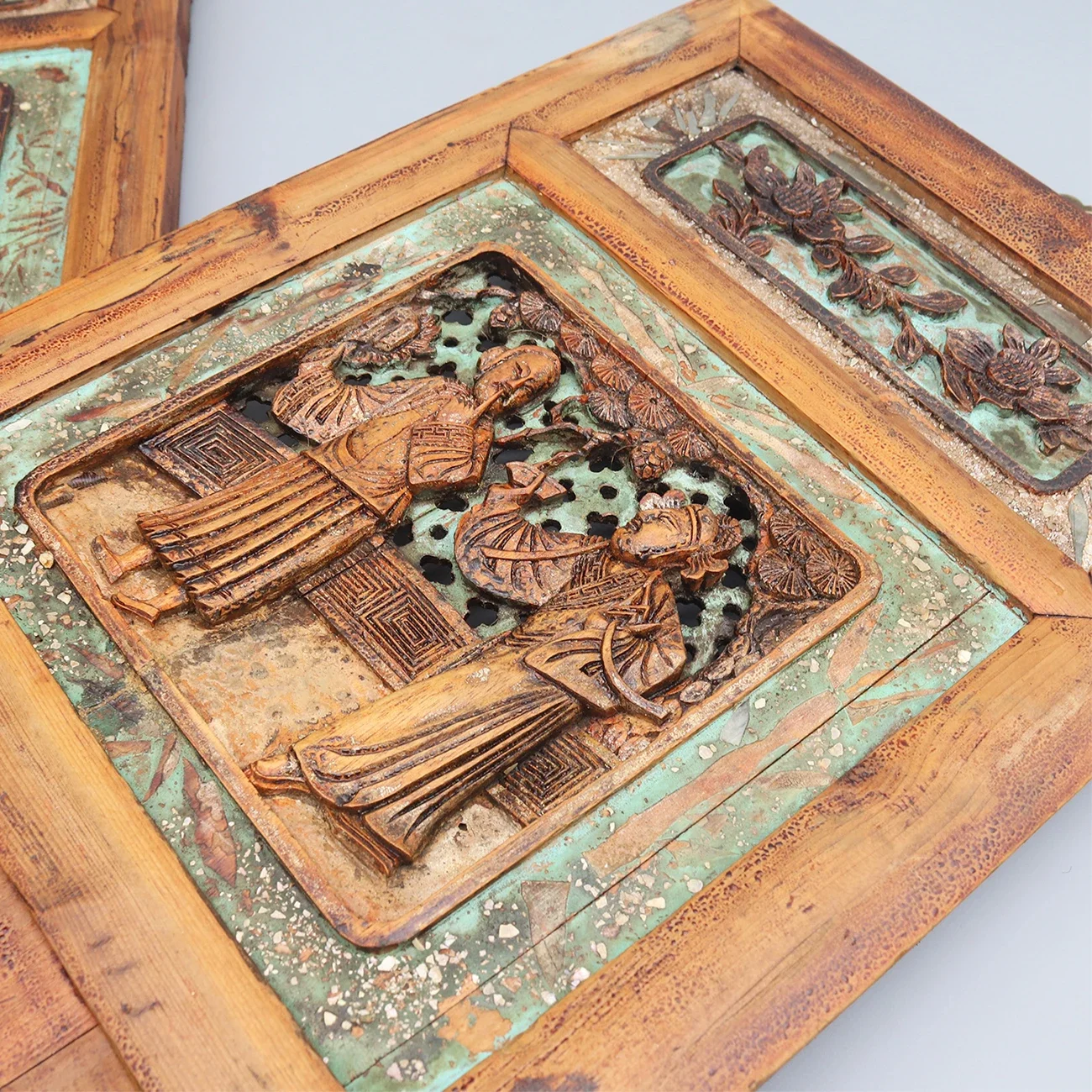 Коллекционные старые деревянные резьбы набор из 2 фигурных панелей украшение для