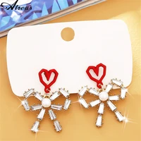 sweet hollow red heart earrings for women girl luxury cubic zirconia bow earrings simulated pearl korean jewelry silver needle
