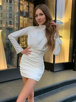 women ruched long sleeve sexy mini dresses fashion skinny half high collar bodycon solid color casual dresses female vestidos
