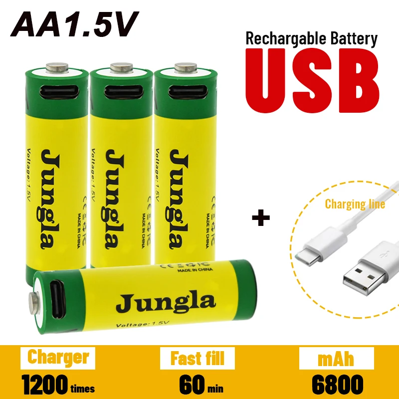 

Литий-ионный аккумулятор AA с быстрой зарядкой, 1,5 в, емкостью 6800 мАч, перезаряжаемый литиевый аккумулятор USB с линией, для игрушечных клавиат...