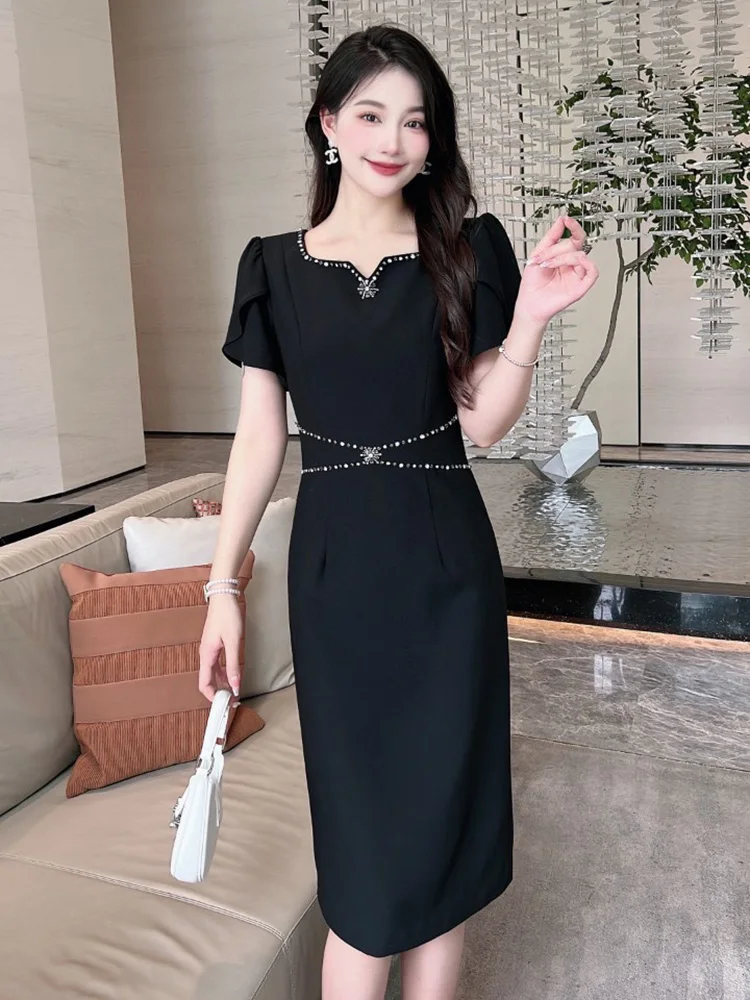 

ZJYT Summer Women's Luxury Beading Party Dress Black Vestidos Elegant Robe Short Sleeve Square Collar Slim Straight Office Wear