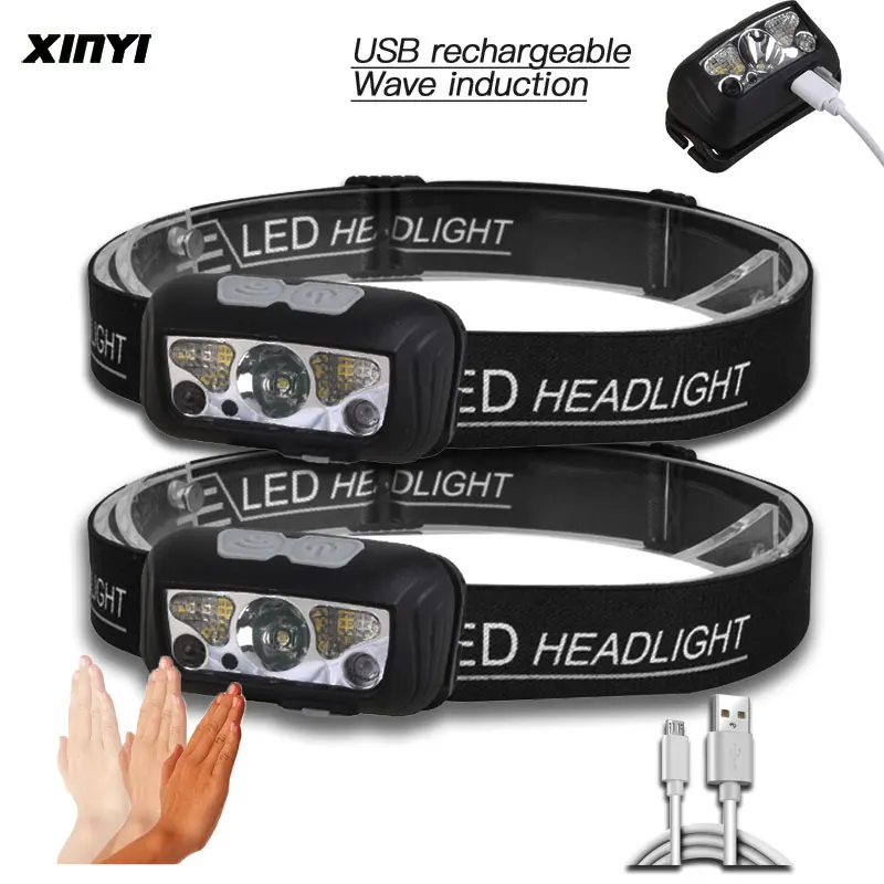 Mini LED Headlamp 6000LM With Body Motion Sensor USB Rechargeable Headlight white+red Mode Camping Flashlight Head Light  Lamp